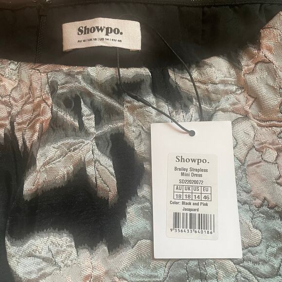 NWT Showpo Brailey Strapless Mini Dress size 14 black pink jacquard party RV $90 - Picture 5 of 7